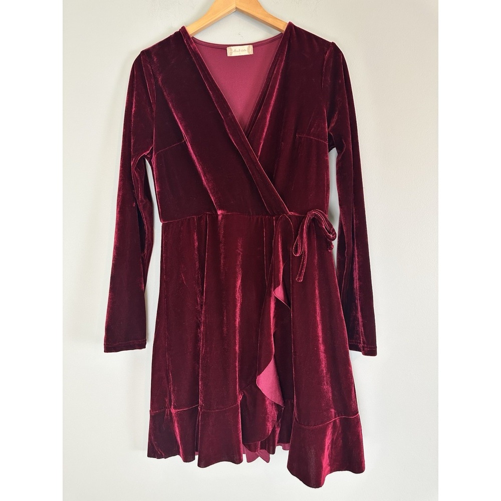 Altar'd State Velvet Wrap Dress Large Burgundy Ruffle Whimsigoth Romantic Moody